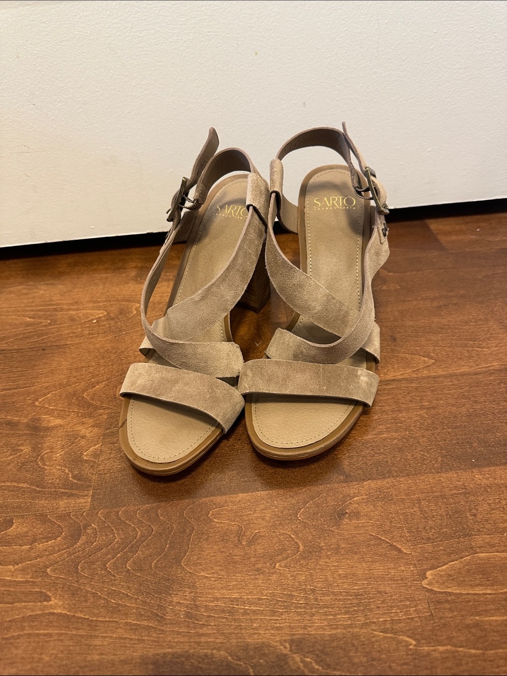 SARTO By Franco Sarto Taupe Suede Strappy Block Heel Sandals